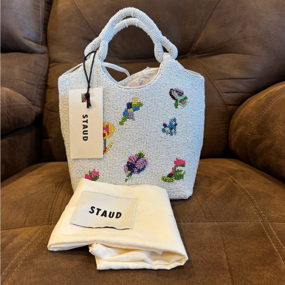 STAUD White Beaded Tote with Colorful Floral Designs - Picture 5 of 5